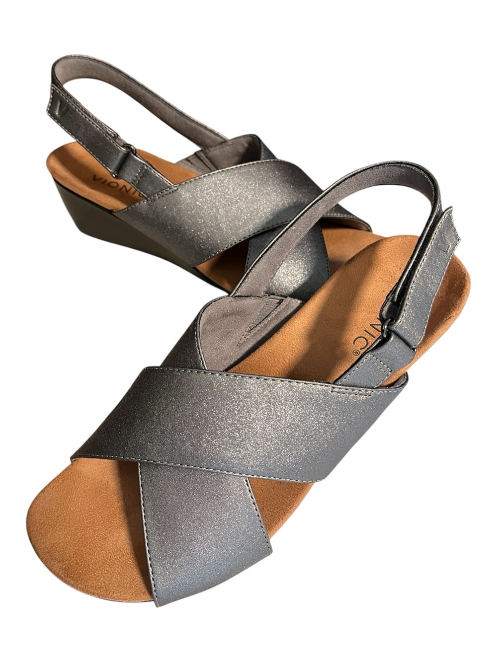 Vionic McKenna Pewter Metallic Crisscross Slingback Wedge Sandal size 8.5